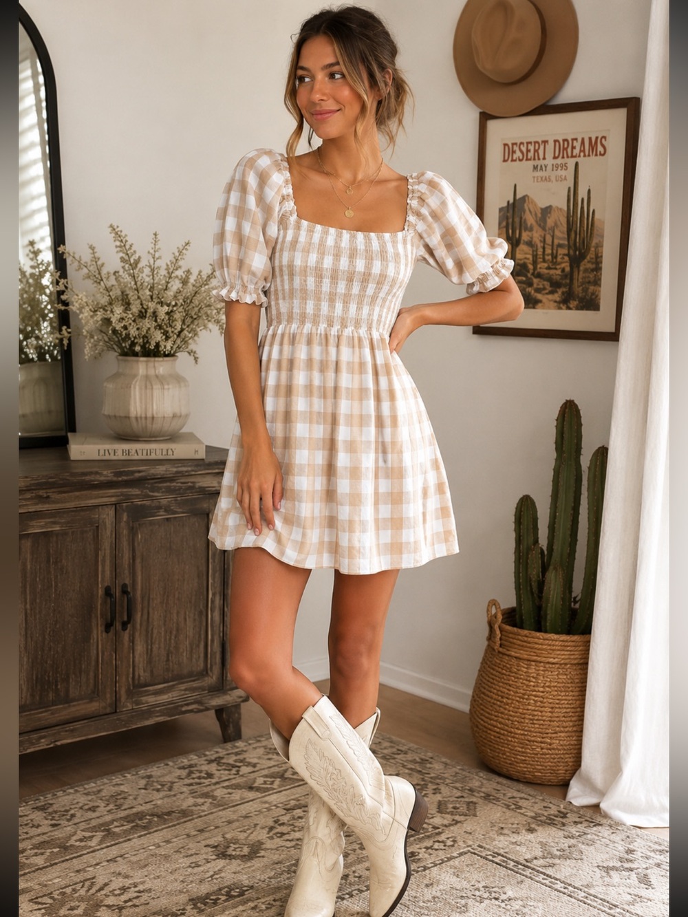 House of Harlow Gingham beige Mini Dress w puffed sleeves .S
